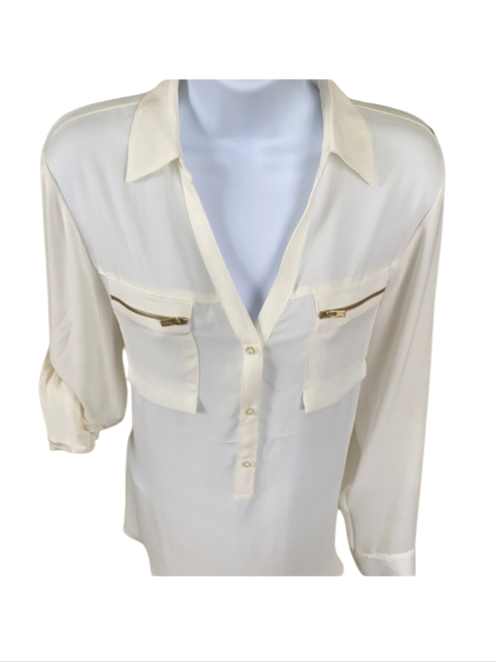 Express Women's White Cream Button-Front Blouse with Front Zip Pockets Size M